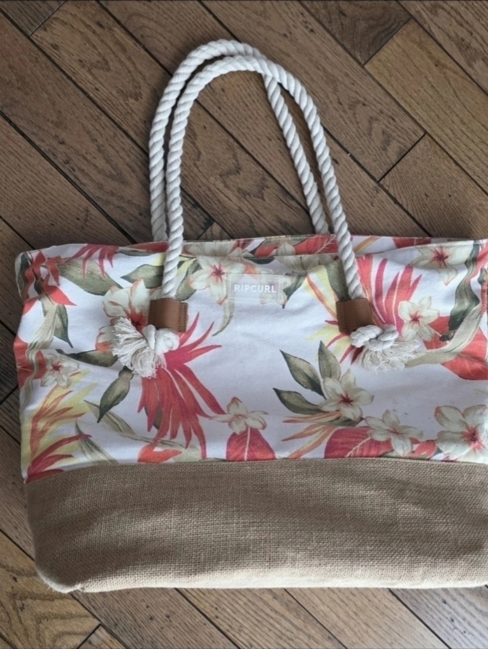 Rip Curl Xtra Large Canvas Rope Tote Woven Floral Lined Excellent Condition